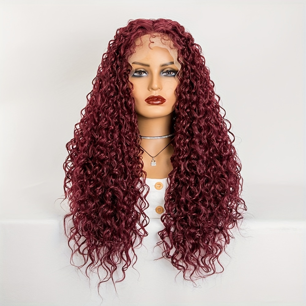 Chemical Fiber Long Middle Part Burgundy Curly Hair Temu