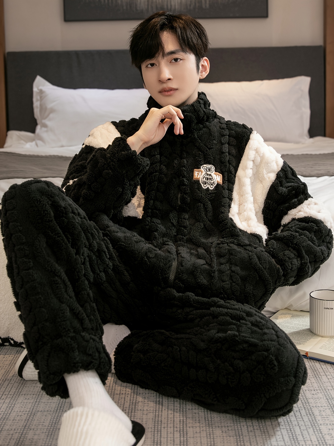 Coral Fleece Pajamas Men's Winter Thickened Plus Velvet Warm Stand Collar  Zipper Style Autumn And Winter Sky Flannel Loungewear Two-piece Set