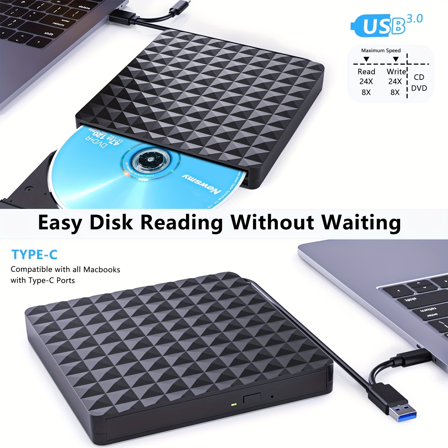 External Usb 3.0 Type-c Dvd Drive: Portable Dvd Player For Laptop, Cd/dvd  +/-rw Burner Reader For Windows, Linux, For Macbook - Perfect Easter Gift!  - Temu