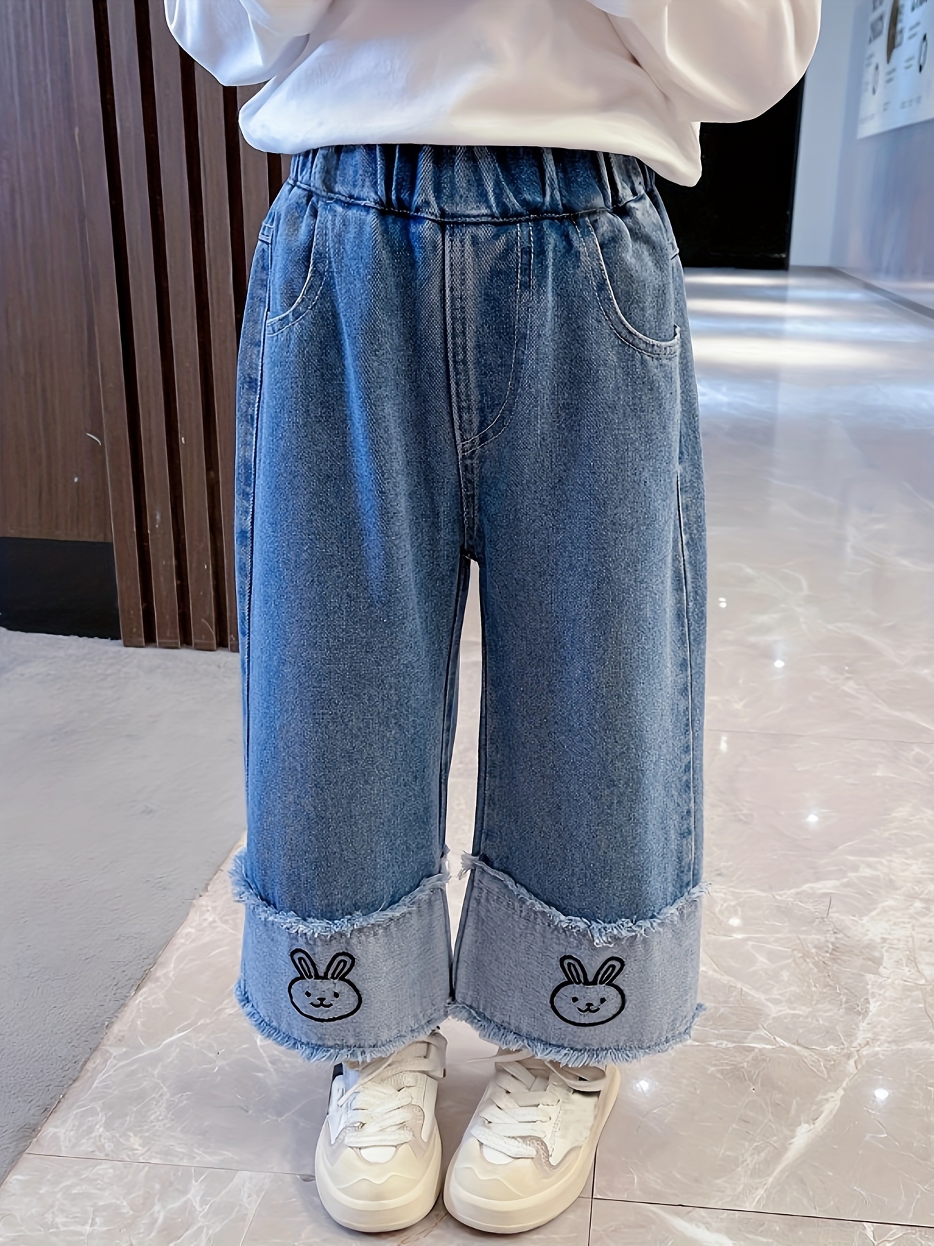 Girls Elastic Waist Baggy Denim Pants, Relaxed Fit Wide Leg Jeans, Baggy Jeans Casual & Versatile for All Seasons,Temu