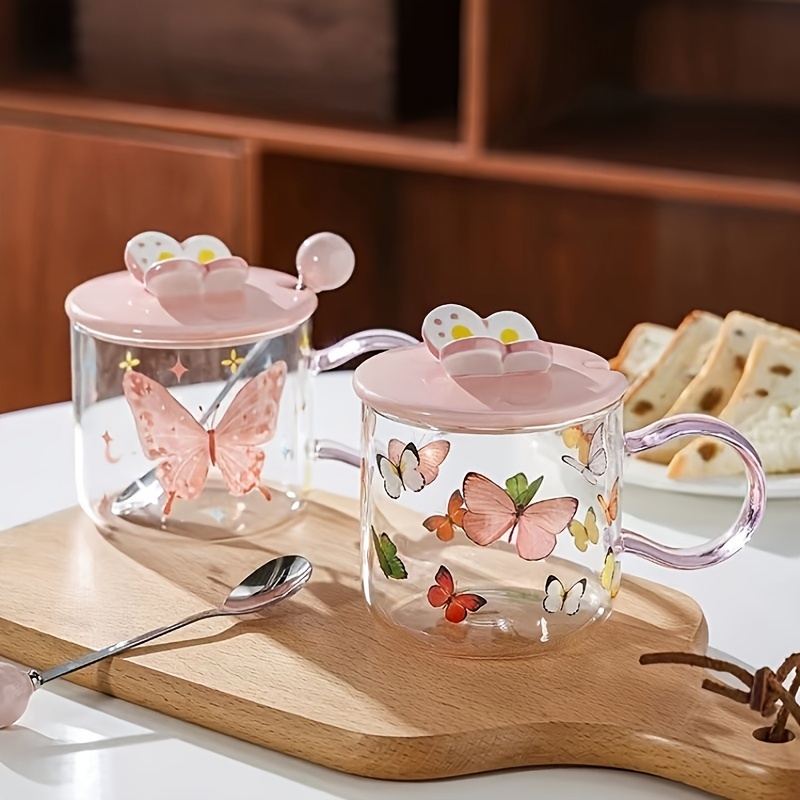 Butterfly Glass Coffee Mug Lid Spoon Heat Resistant Glass - Temu