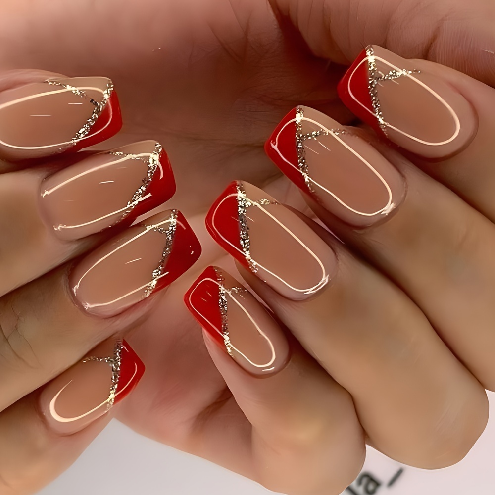 

24 Pcs Glossy Medium Square Press On Nails Red Beveling French Style False Nails Golden Glitter Line With Design Reusable Fake Nails For Women