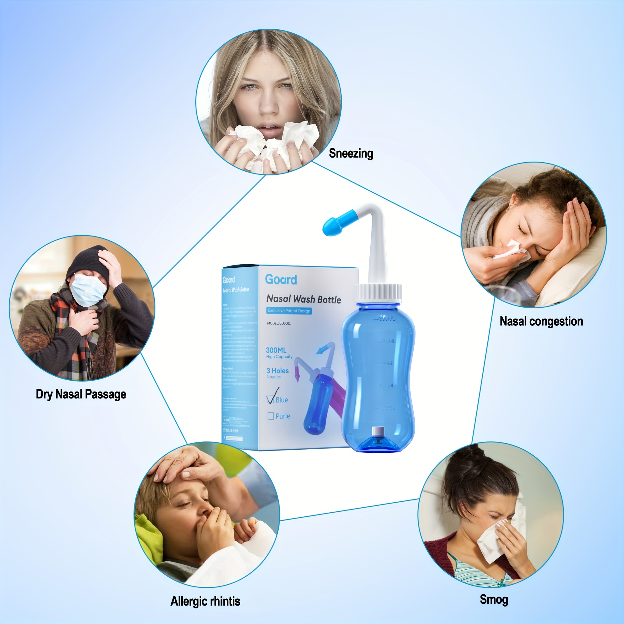 Neti Pot Sinus Rinse Wash Bottle Nose Cleaner Pressure Nasal Irrigation for  Adult & Kid, 300 ML with 30 Nasal Wash Salt Packets and Sticker Thermometer  BPA Free…