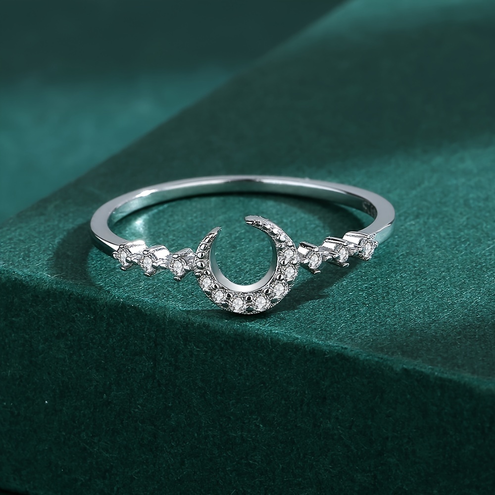 Crescent Moon Ring Inlaid Zircon, 925 Sterling Silver