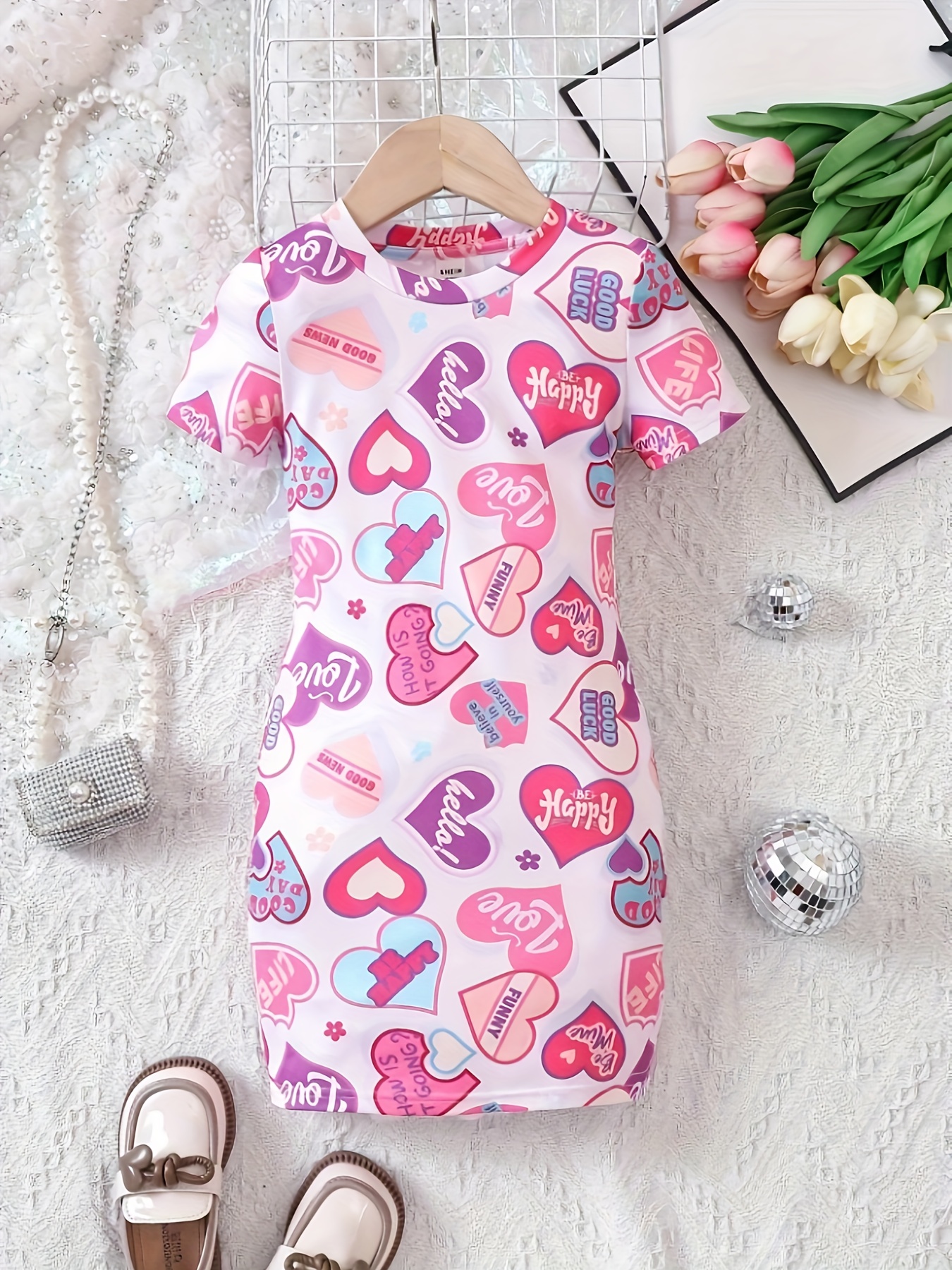 Valentines Day Girls Heart Print Short Sleeve T-shirt Dress