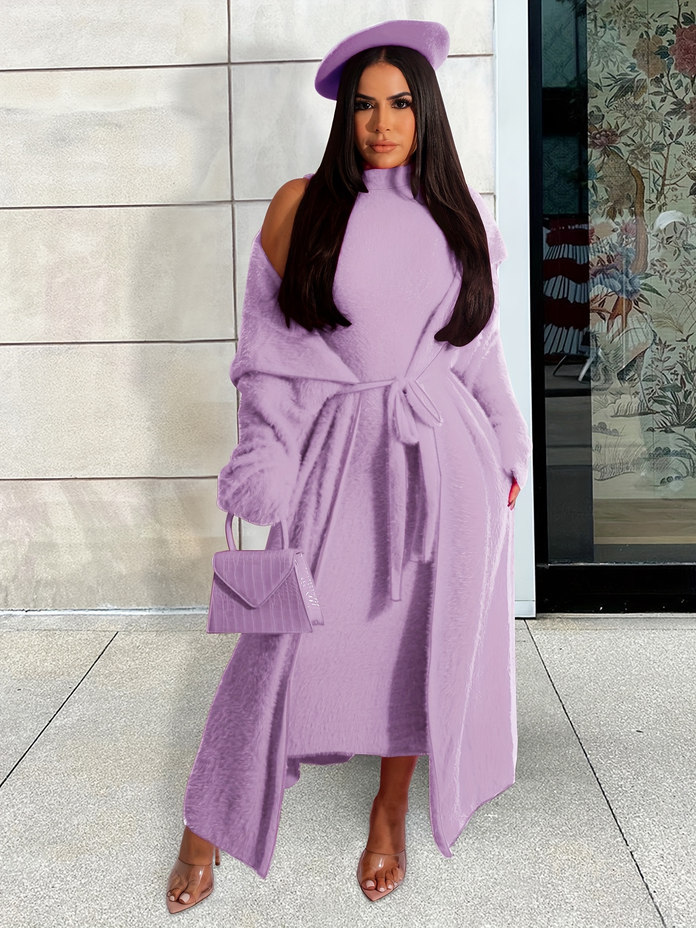 Solid Flannel Cardigan & Midi Dress Set