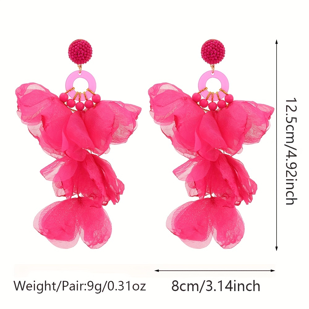 Hot Pink Exaggerated Flower Petal Dangle Earrings Bohemian Style