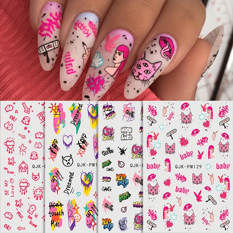 

4 Sheets, Y2k Graffiti 3d Nail Art Stickers Decals Colorful Graffiti Hearts Valentine's Personality Manicure Nail Art Decals
