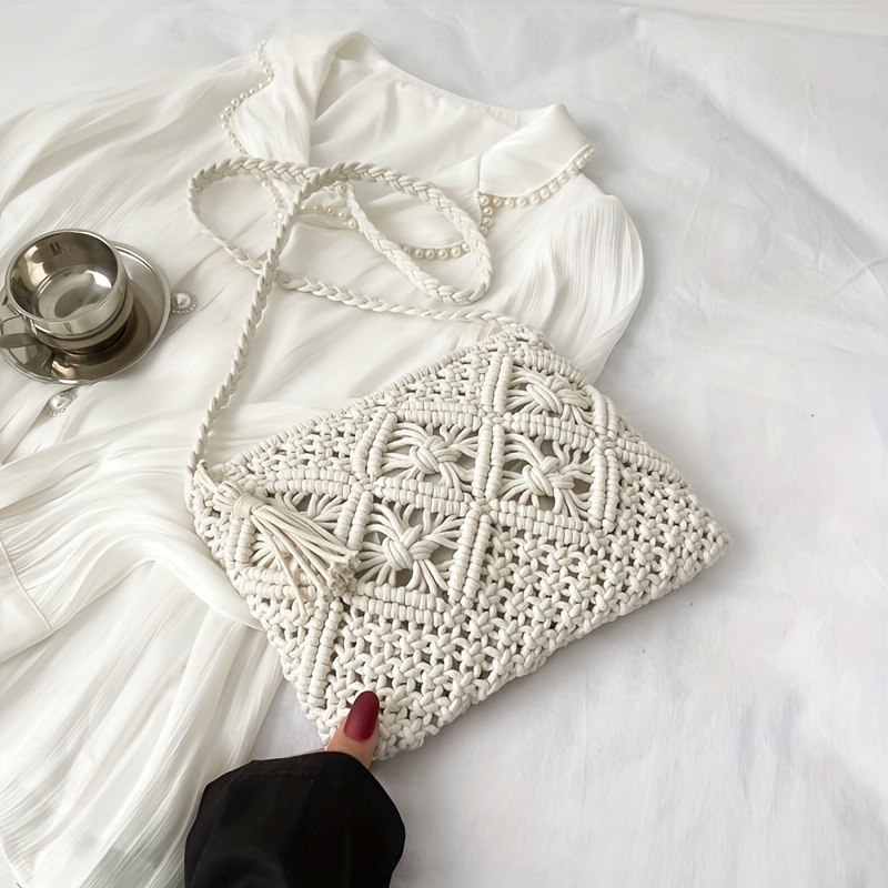 Image of Women Summer Straw Hollow Out Woven Fashion Shoulder Bag Beach Tassel Designer Crossbody Travel Bag