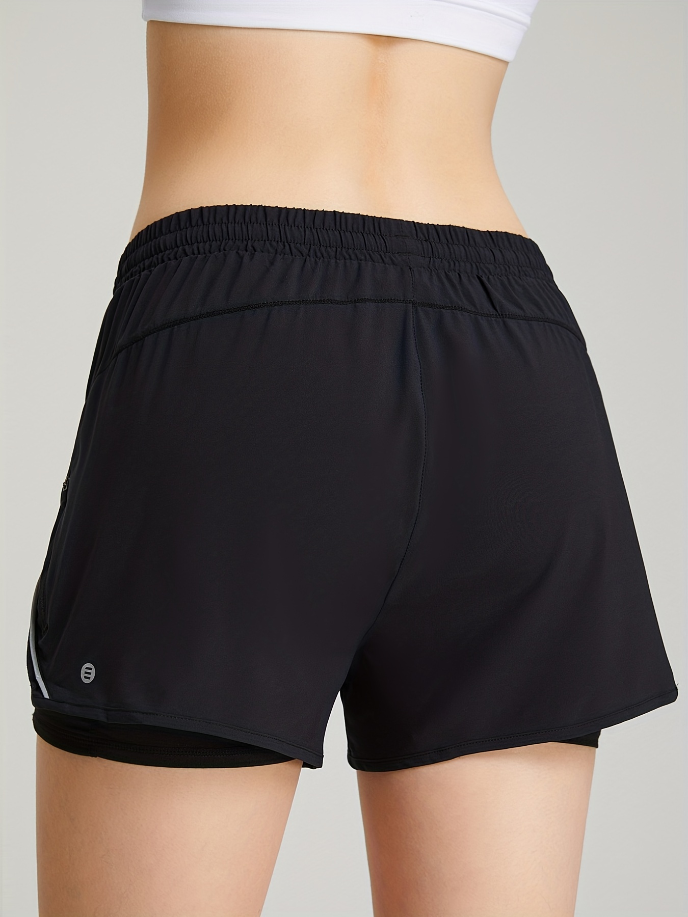 Black 2 In 1 Running Shorts High Waist Side Zippered Pockets