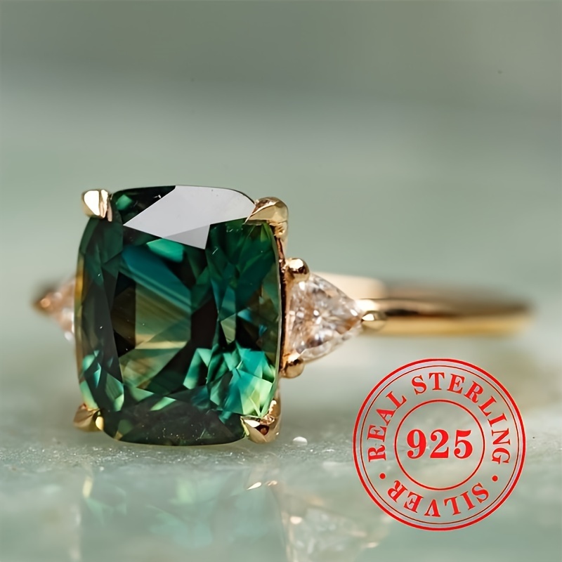 

925 Sterling Silver Vintage Exquisite 4 Prong Inlaid Green Synthetic Gemstone Ring For Women Daily Casual Banquet Jewelry Gift