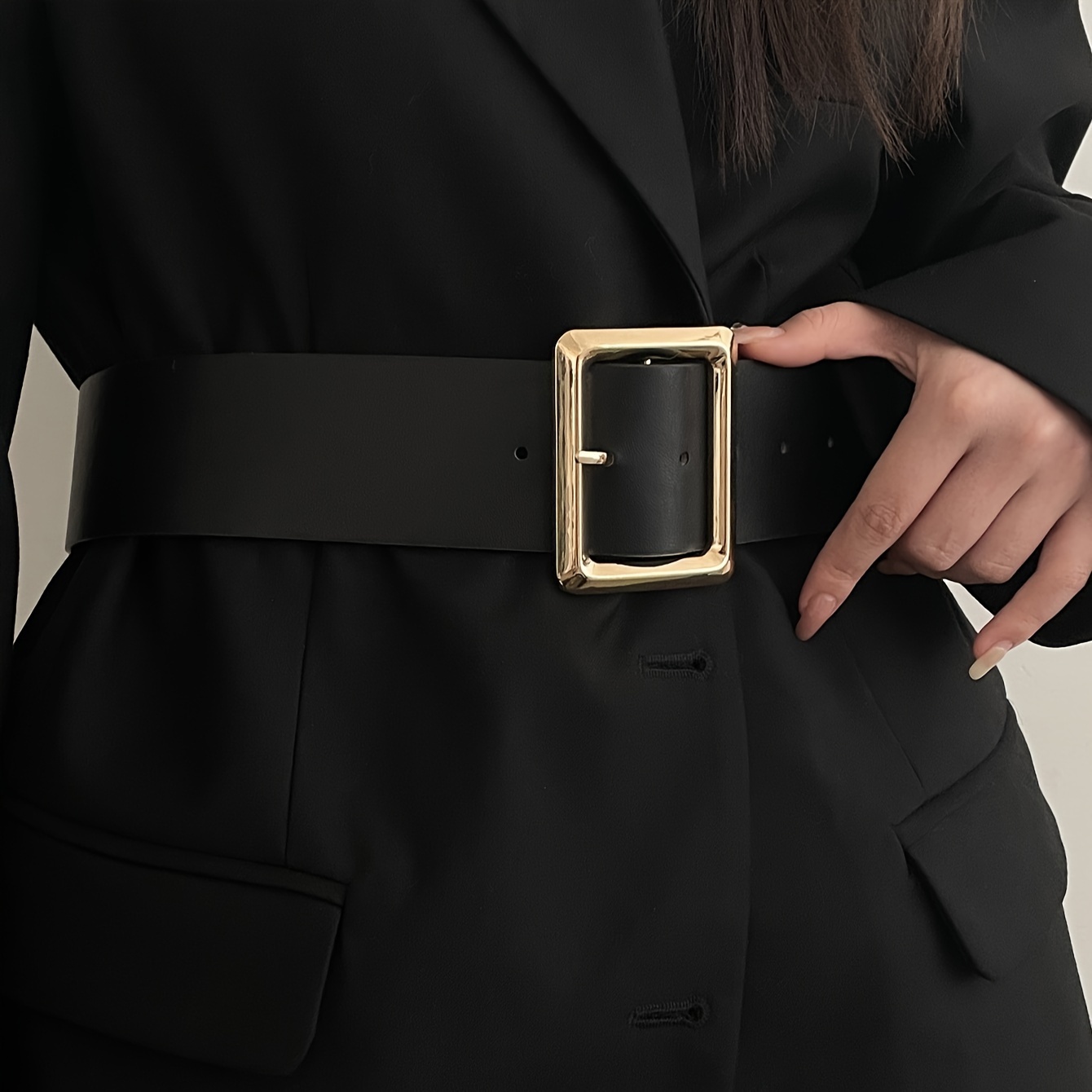 

Large Square Pin Buckle Wide Belts Trendy Solid Color Waistband Elegant Dress Coat Girdle For Women