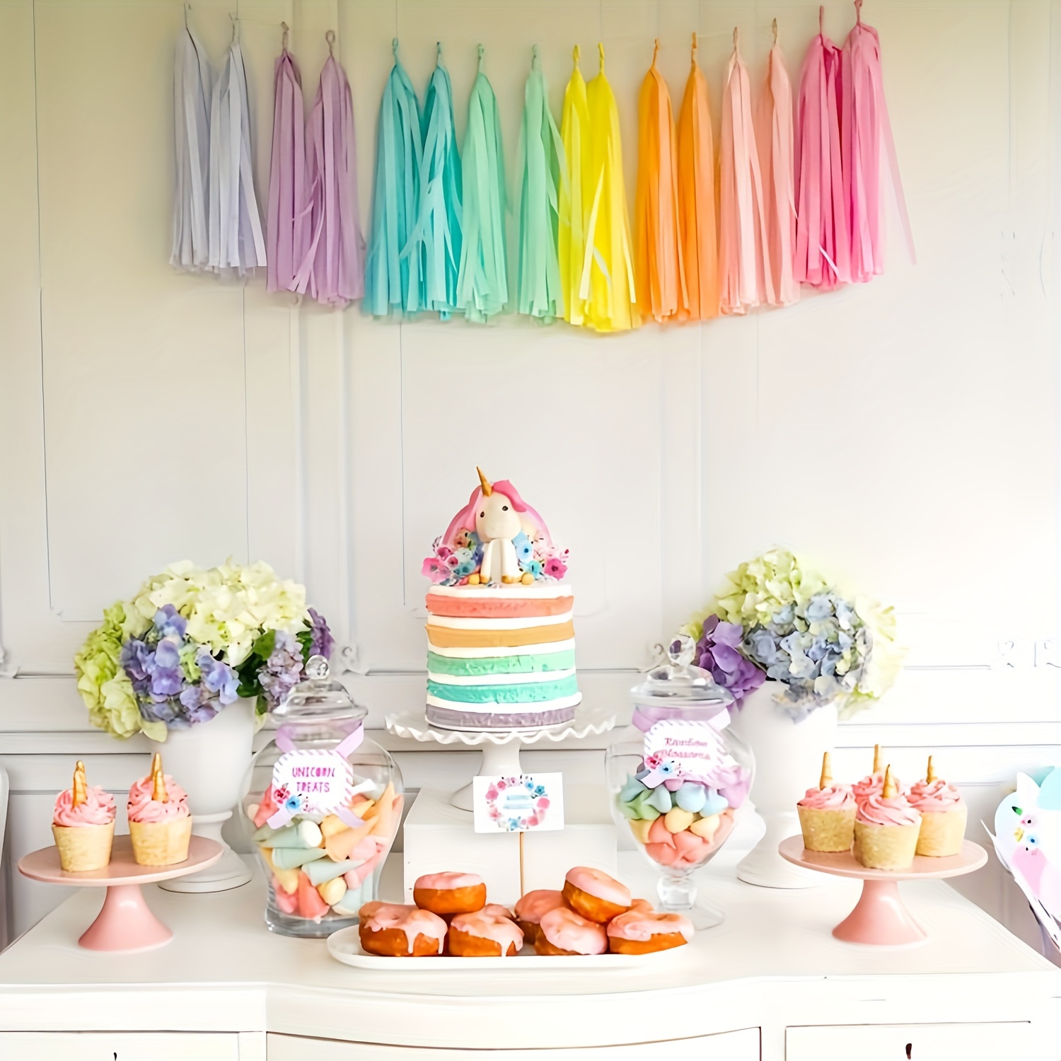 

Pastel Rainbow Assembled Versatile And Reusable Tissue Paper Tassels Garland For Party Wedding Birthday Event Celebration Decor (16 Paper Tassels+1 Rope) Easter Gift