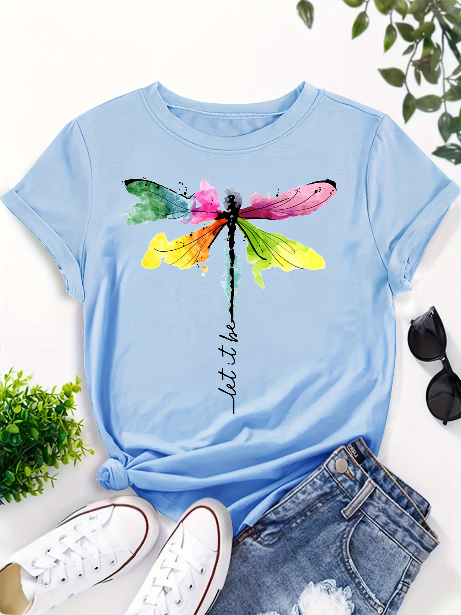 Temu Casual - shirt T Crew Short Sleeve Neck T Dragonfly Print