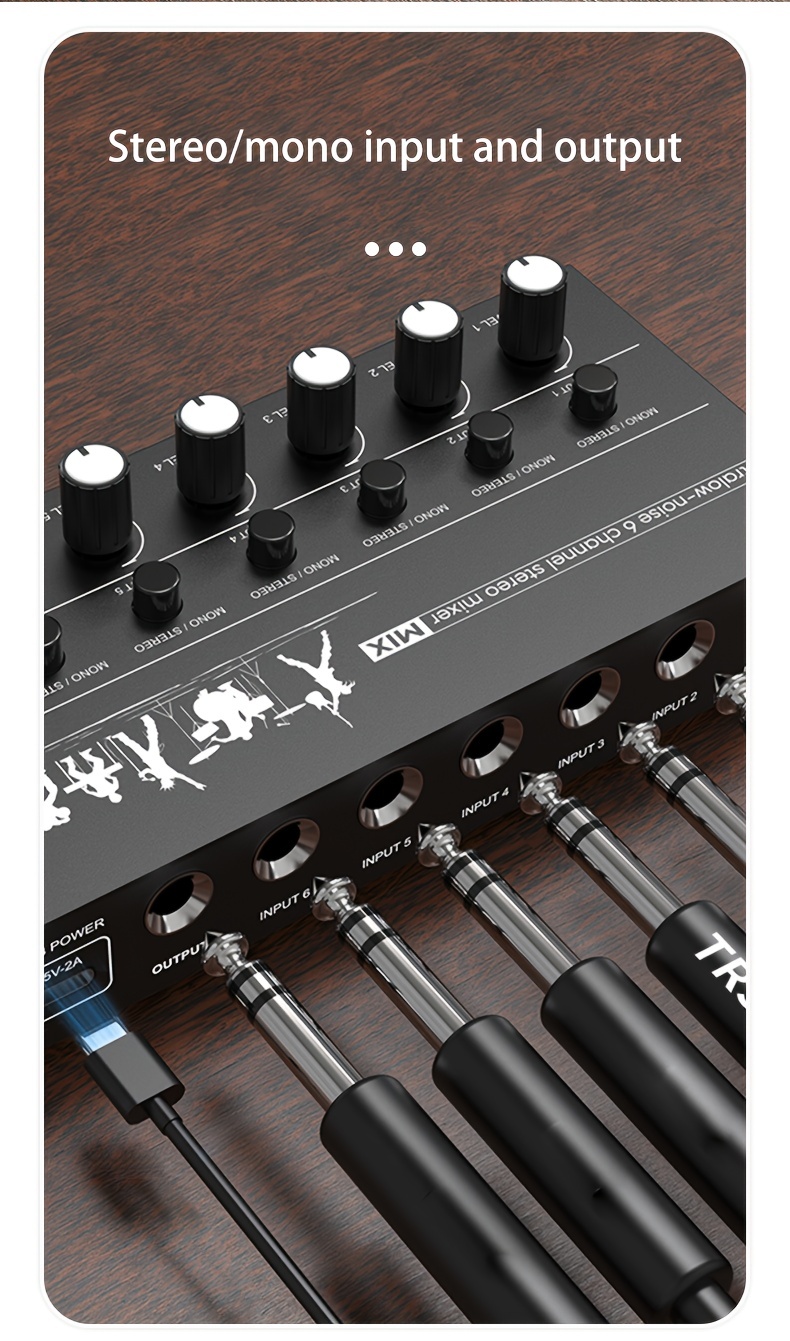  MOWEO Mini Stereo 6 Channel Passive Mixer RCA Portable Audio  Mixer 6 in 2 Out Stereo Distributor Volume Control No Battery Required :  Musical Instruments