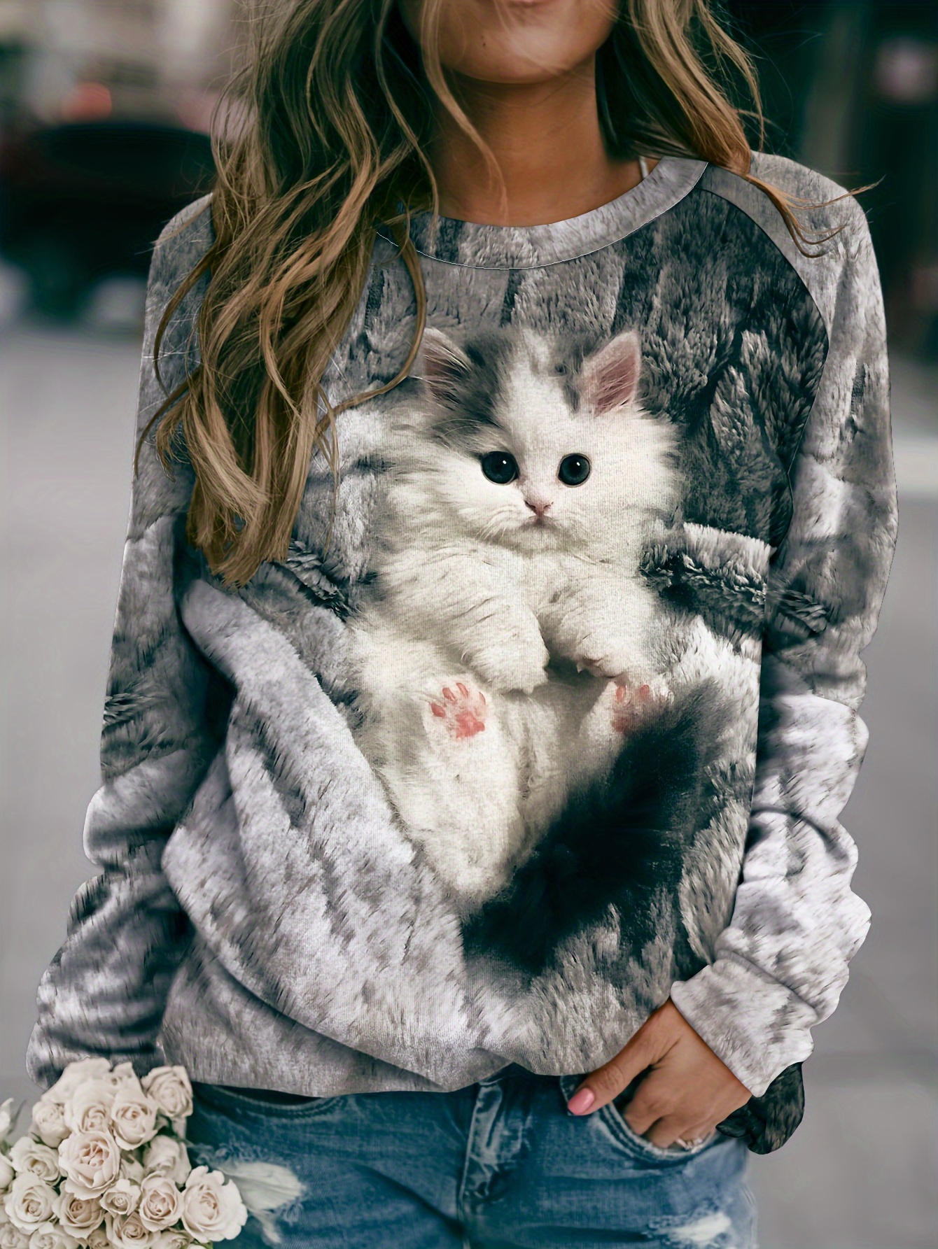 Cat Print Pullover Sweatshirt Casual Long Sleeve Crew Neck - Temu