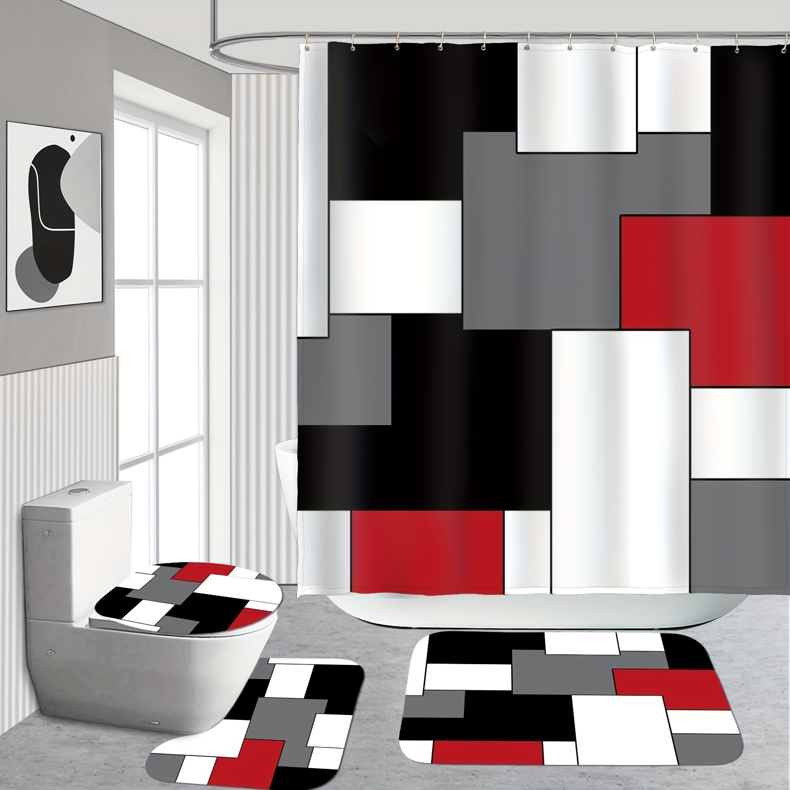 Bathroom Sets Rugs Shower Curtain Geometric Pattern Shower - Temu