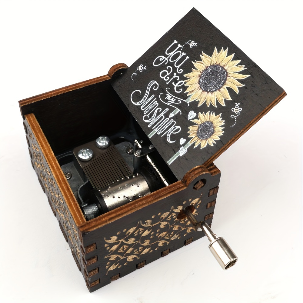 1 Caja De Música De Regalo, Caja De Música You Are My Sunshine, Manivela  Vintage De Madera Grabada Pequeña Caja Musical Negra Personalizada Regalo De