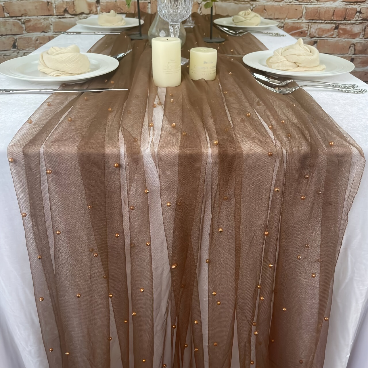 Artificial Pearl Decorated Table Runner, Wedding White Pearl Chiffon Table  Runner, Extra Long Table Runner For Wedding Arch Decoration Reception Bride  Gift