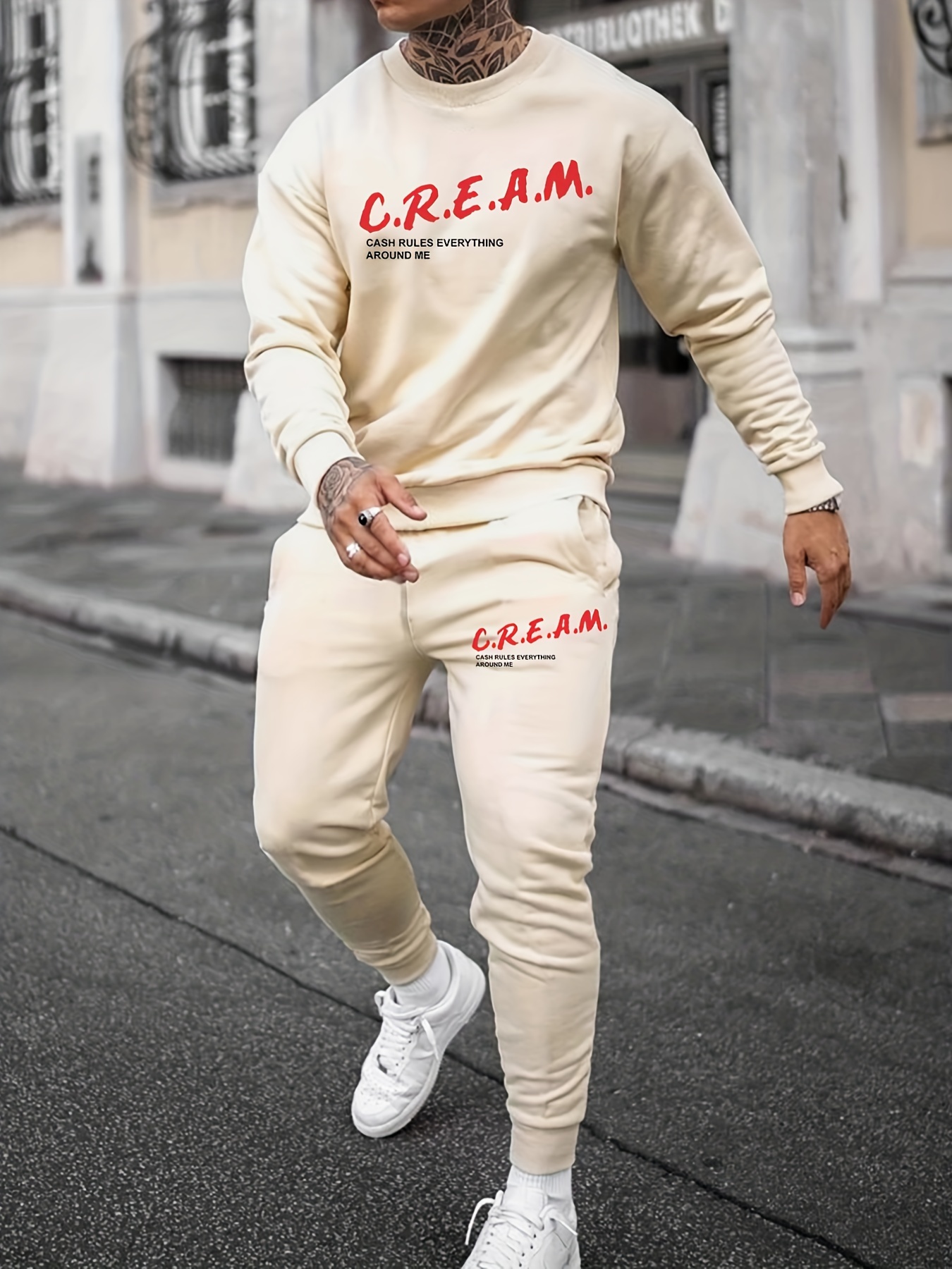 Trendy Cream Letters Print Men's Outfits Casual Hoodies Long