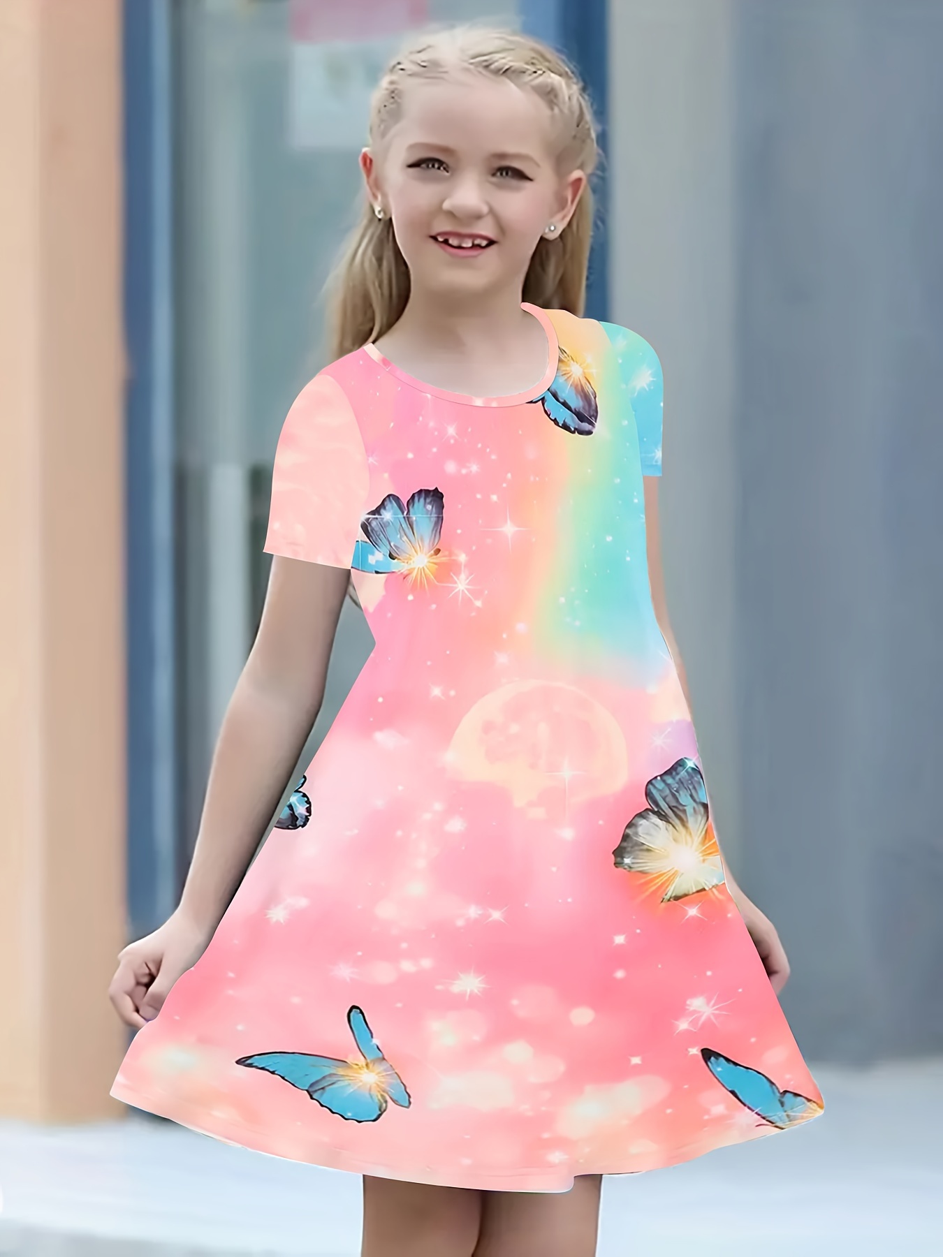 Kid Girl Butterfly Print Gradient Color Layered Mesh Design Short-sleeve Dress