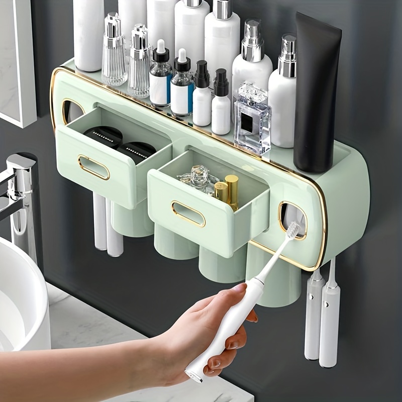Soporte para cepillos de dientes montado en la pared, 4 soportes para  cepillos de dientes, con 4 tazas y dispensador para baño