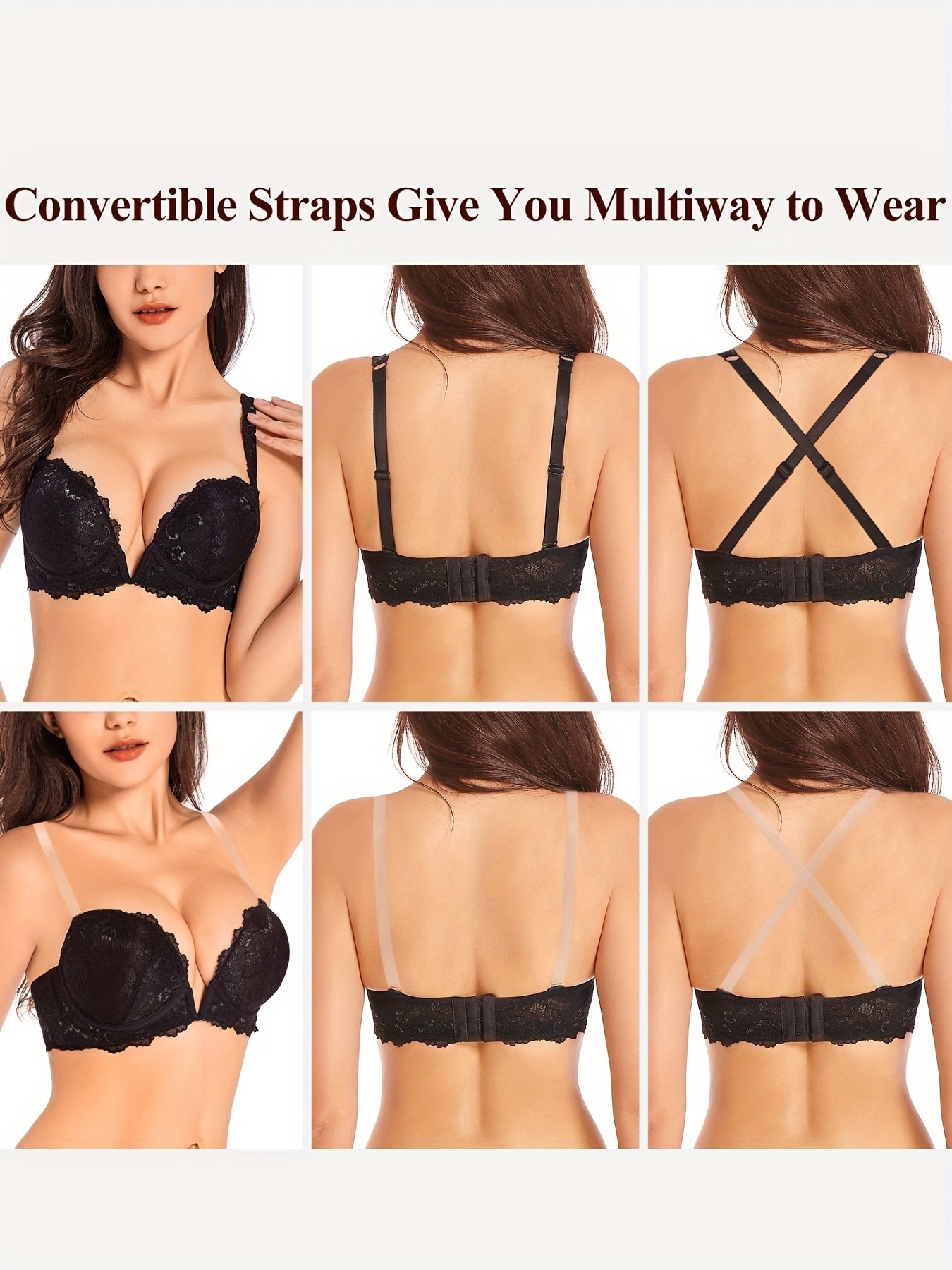 Women Sexy Push Up Strapless Multi-way Bra Transparent Strap Beige Black  White 