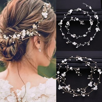 handmade classic faux pearl flower bridal silver long hair vine