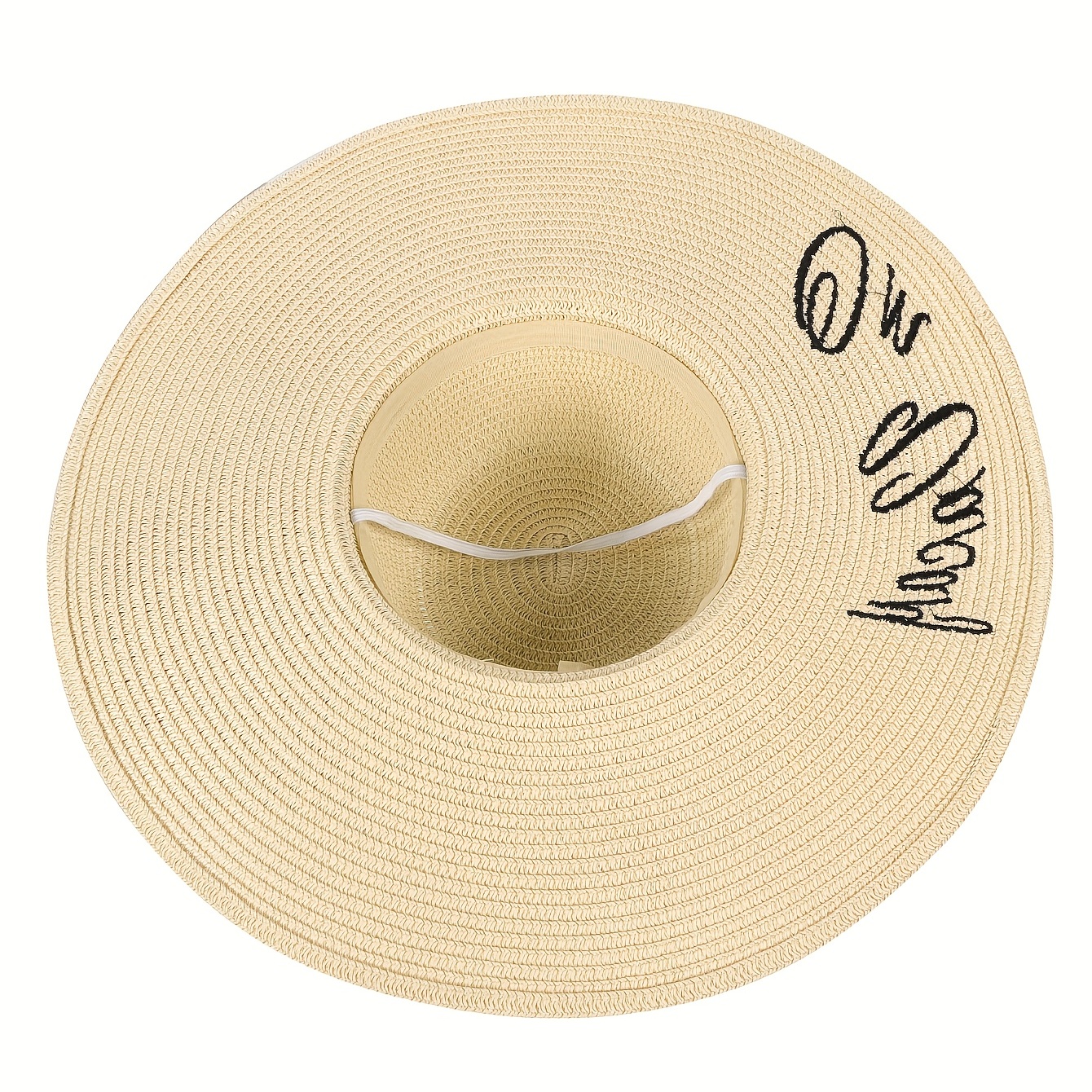 Embroidered Sun Hat Wide Brim Beige Straw Hat
