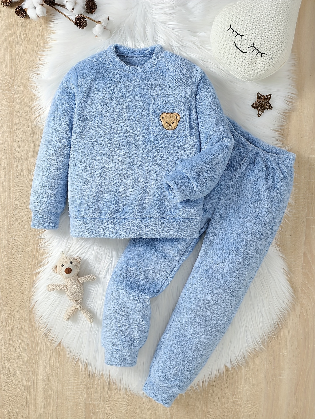 Boy's Cute Bear Patched Comfy Outfit Fuzzy Fleece Sweatshirt - Temu