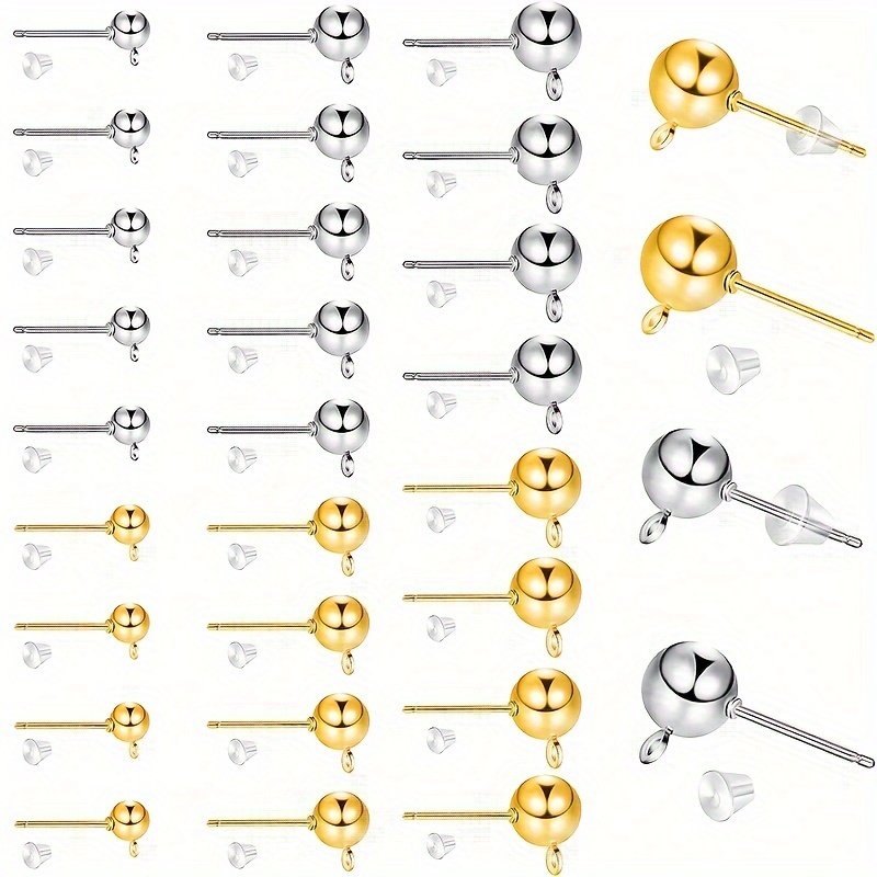 

130pcs Diy Earring Making Set Ear Studs With Rings, 2 Sizes 30pcs Round Ball Earrings Posts With Hanging Holes And 100pcs Silicone Transparent Earring Backs (golden, Silver, 4mm, 5mm)