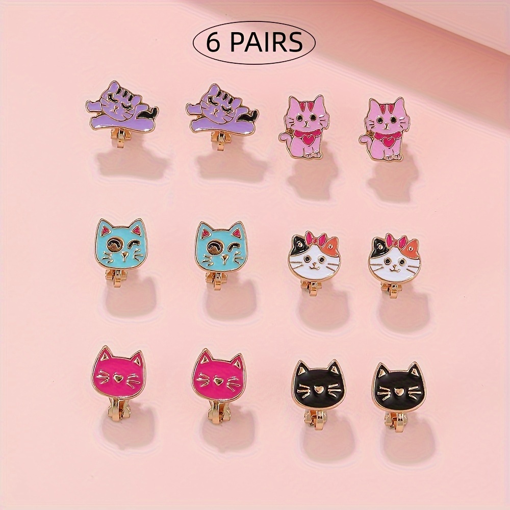 6 Pairs Girls' Cute Dinosaur Alloy Oil Ear Clip Set