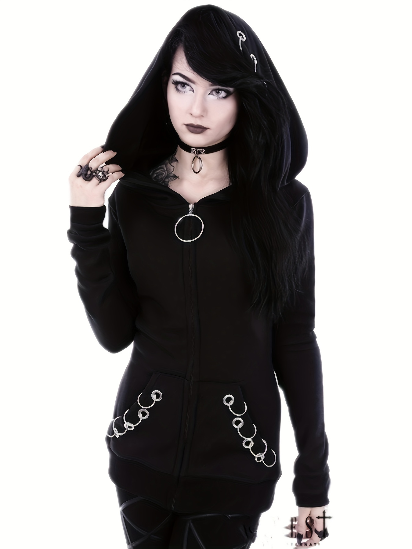 Loose Gothic Punk Long Sleeve Hooded Black Sweatshirt, Solid Fashion  Hoodies Zipper Jacket, Women's Clothing