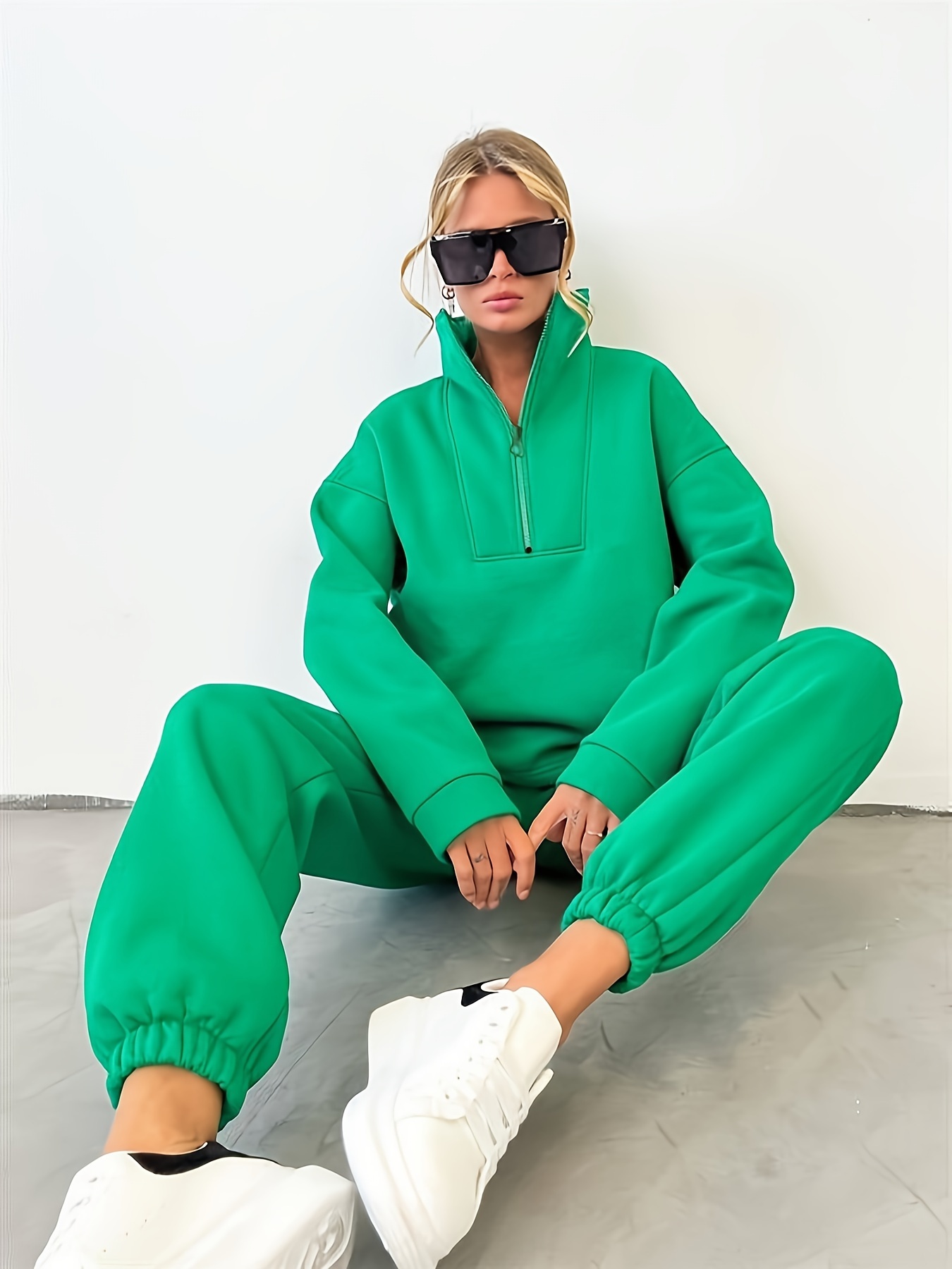 2-Piece Hoodies Set Solid Color Pullover Sweatshirt & Sweatpants Thick  Tracksuit for Casual Sports Loose Fit Long Sleeves Baggy Pants Women's  Clothing M Green 