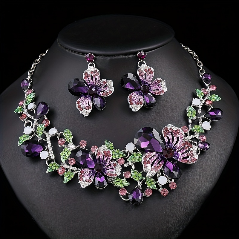 

3pcs Earrings Plus Necklace Exaggerated Jewelry Set Inlaid Rhinestone Cute Flower Design Match Evening Party Outfits