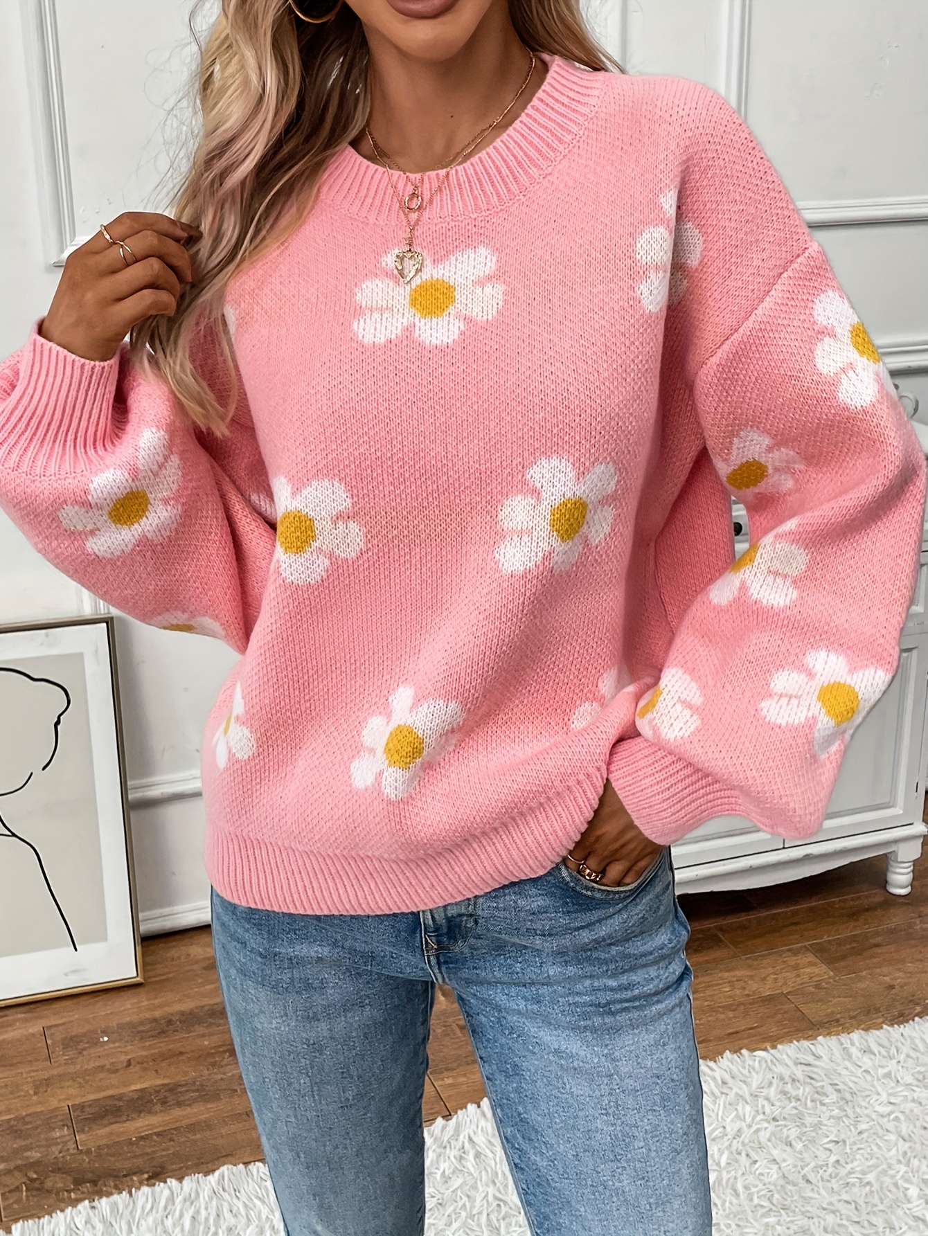 Floral Print Sweater Long Sleeve Pullover Women's Clothing