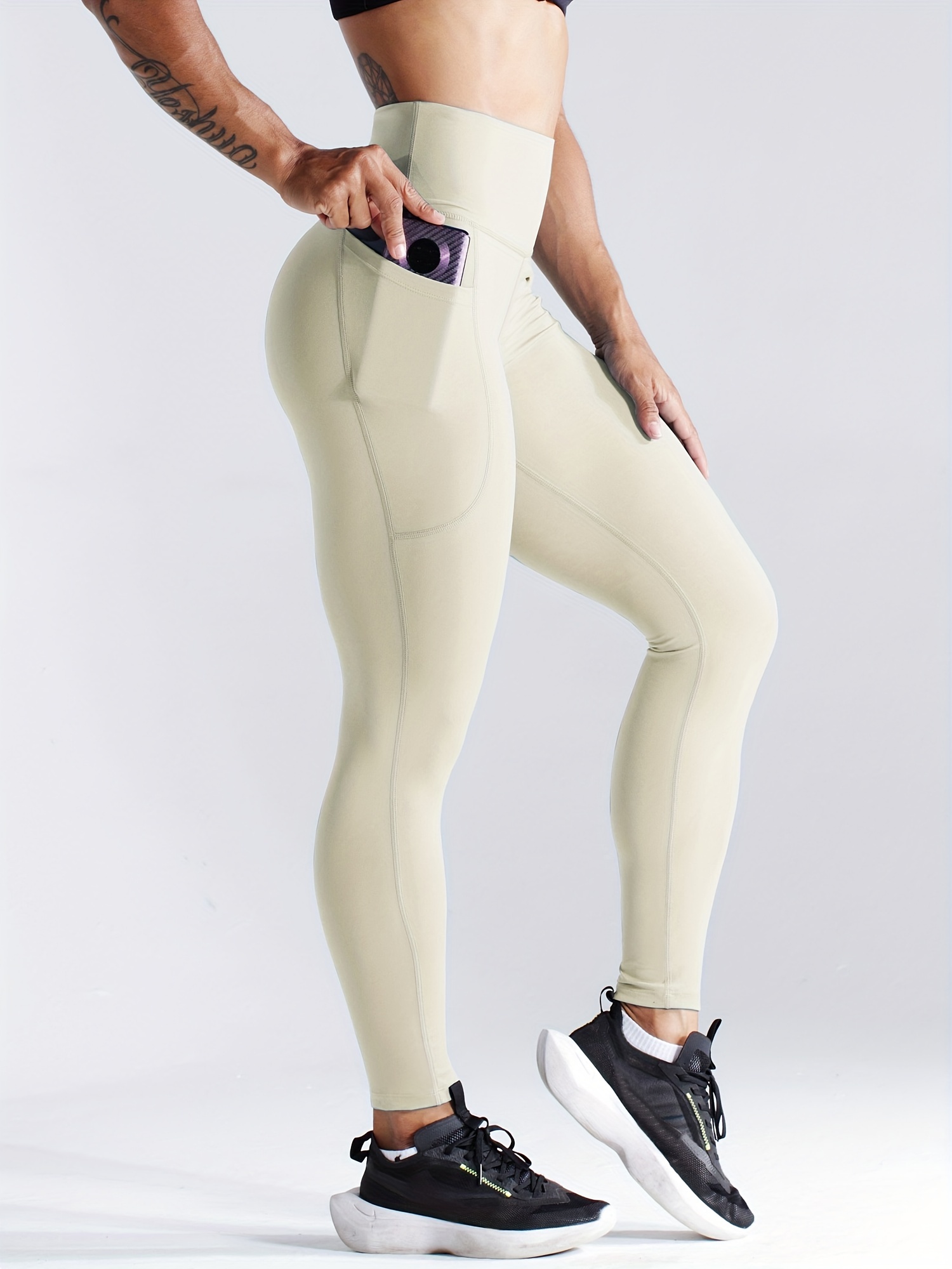 Womens Cream Yoga Leggings High Waist Gym Tights Solid Soft Athletic  Fitness Pants Workout Legging Slim Sweatpants