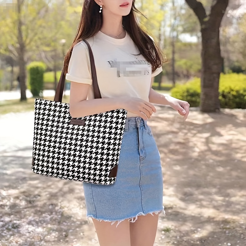 PU Leather Black and White Houndstooth Ladies Shoulder Bag Autumn and Winter Fashion Woolen Cloth Crossbody Bag