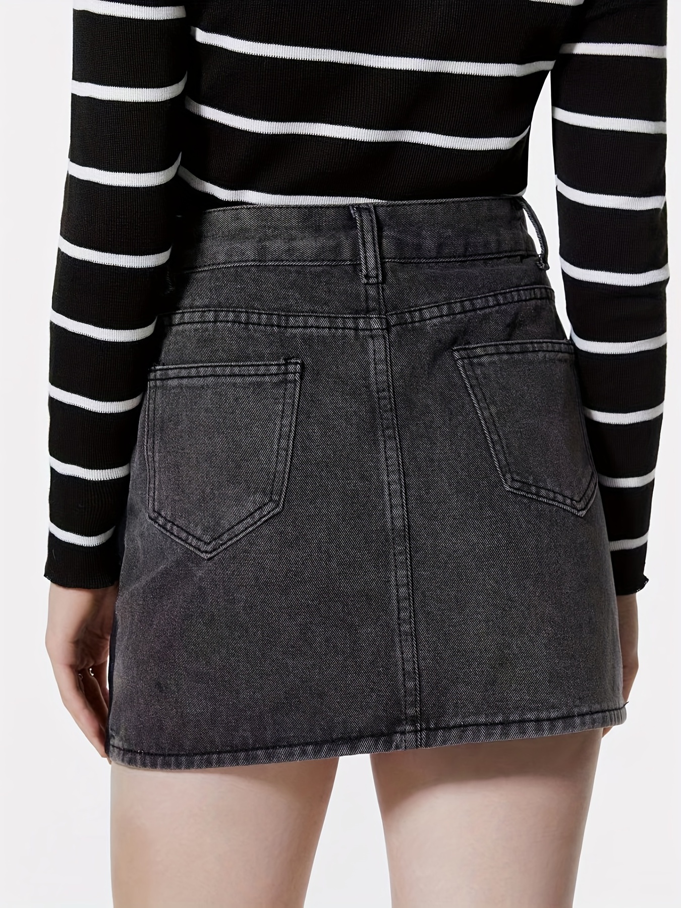 Dark Gray Denim Skirt with Slash Pockets