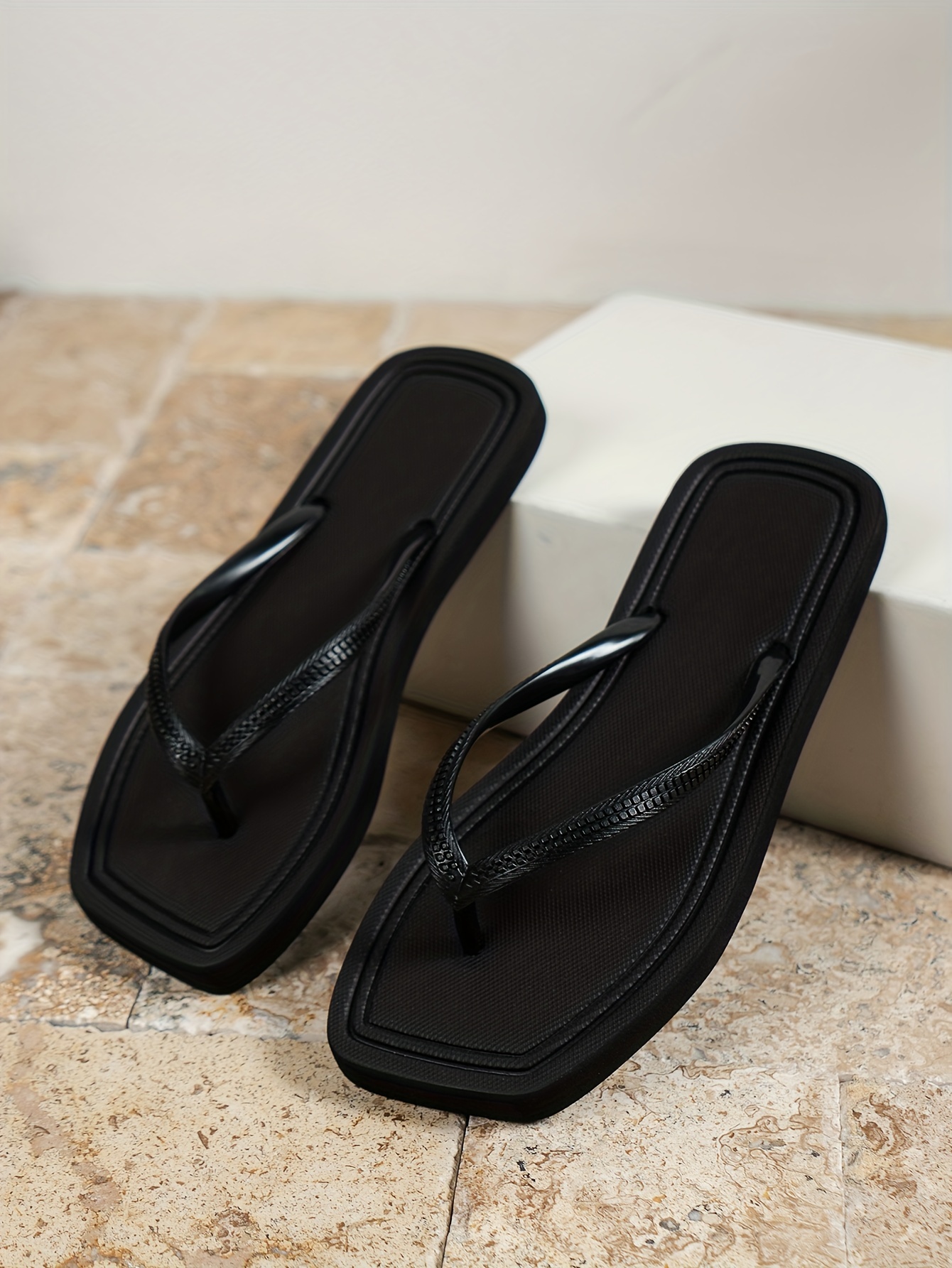 Women'S Summer Fashion Flip-Flops - Comfortable, Durable EVA Material, Flat Heel, Slip-On Thong Sandals for Beach & Casual Wear, Black with White Stripe, Ladies Sandals