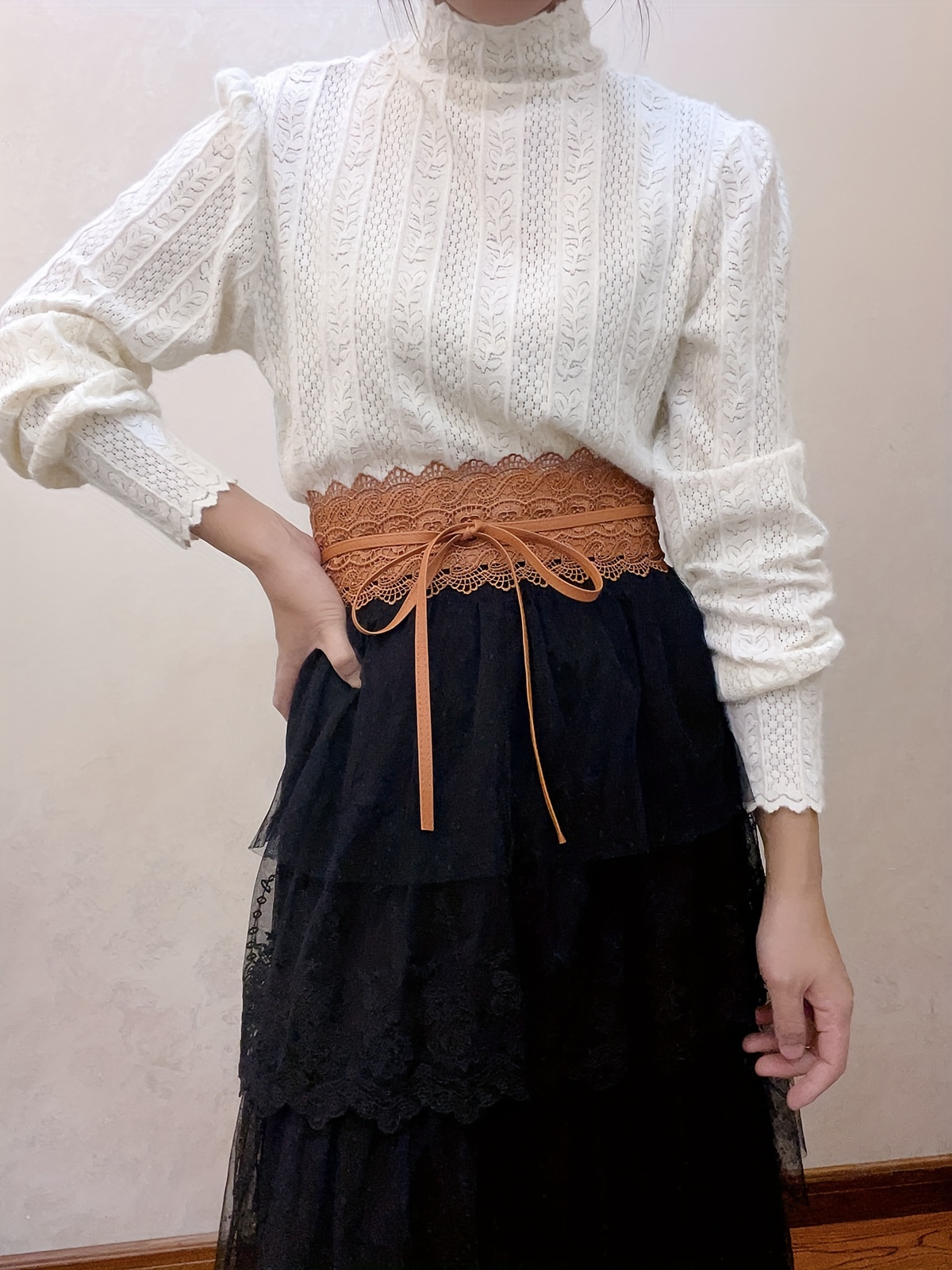 Elegant Lace Wide Belts Solid Color Elastic Lace Waistband - Temu