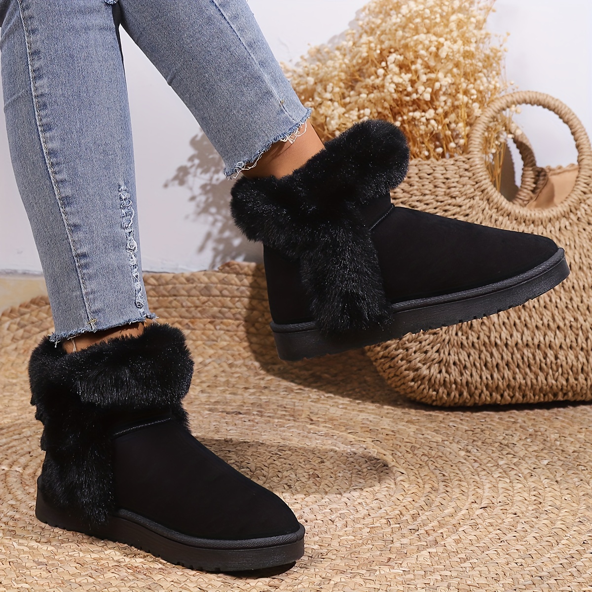 womens faux fur lined snow boots thermal slip on fluffy furry ankle boots winter warm outdoor flat shoes details 11