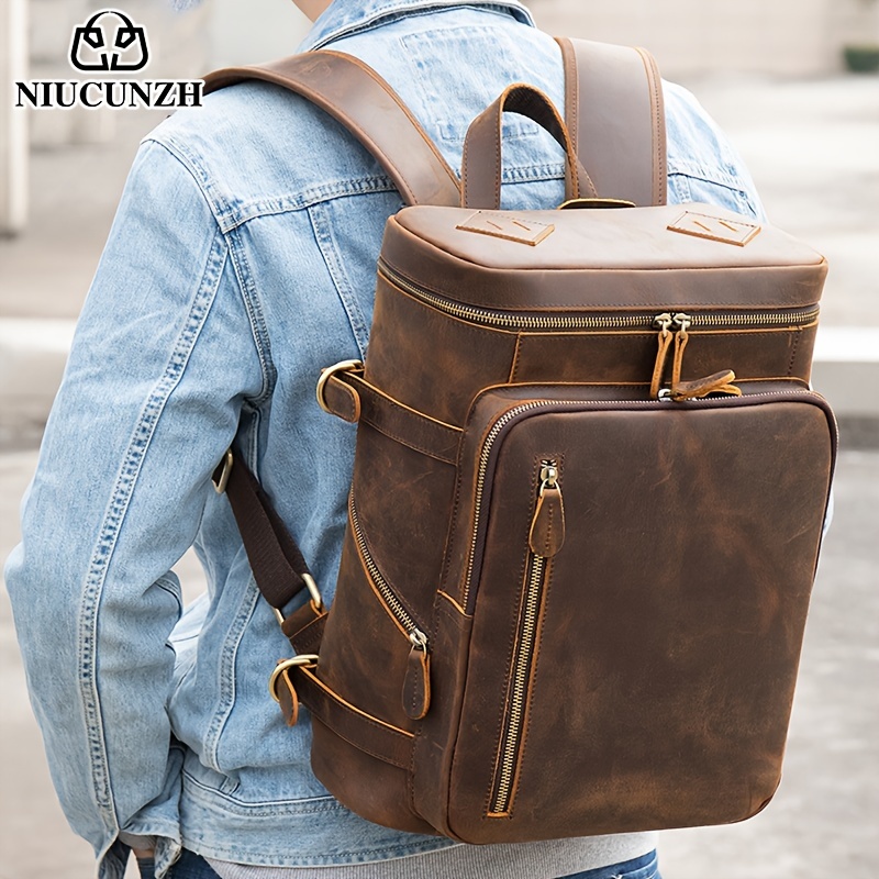 NIUCUNZH Men's Vintage Genuine Leather Backpack Outdoor Travel Backpack  Laptop Bag, Ideal choice for Gifts