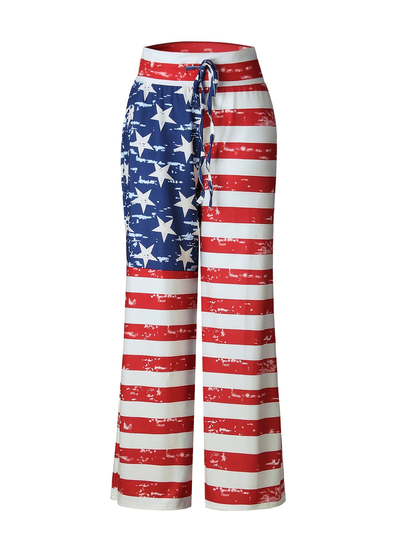 American Flag Print Pants, Casual Drawstring Wide Leg Independence Day  Pants, Women's Clothing