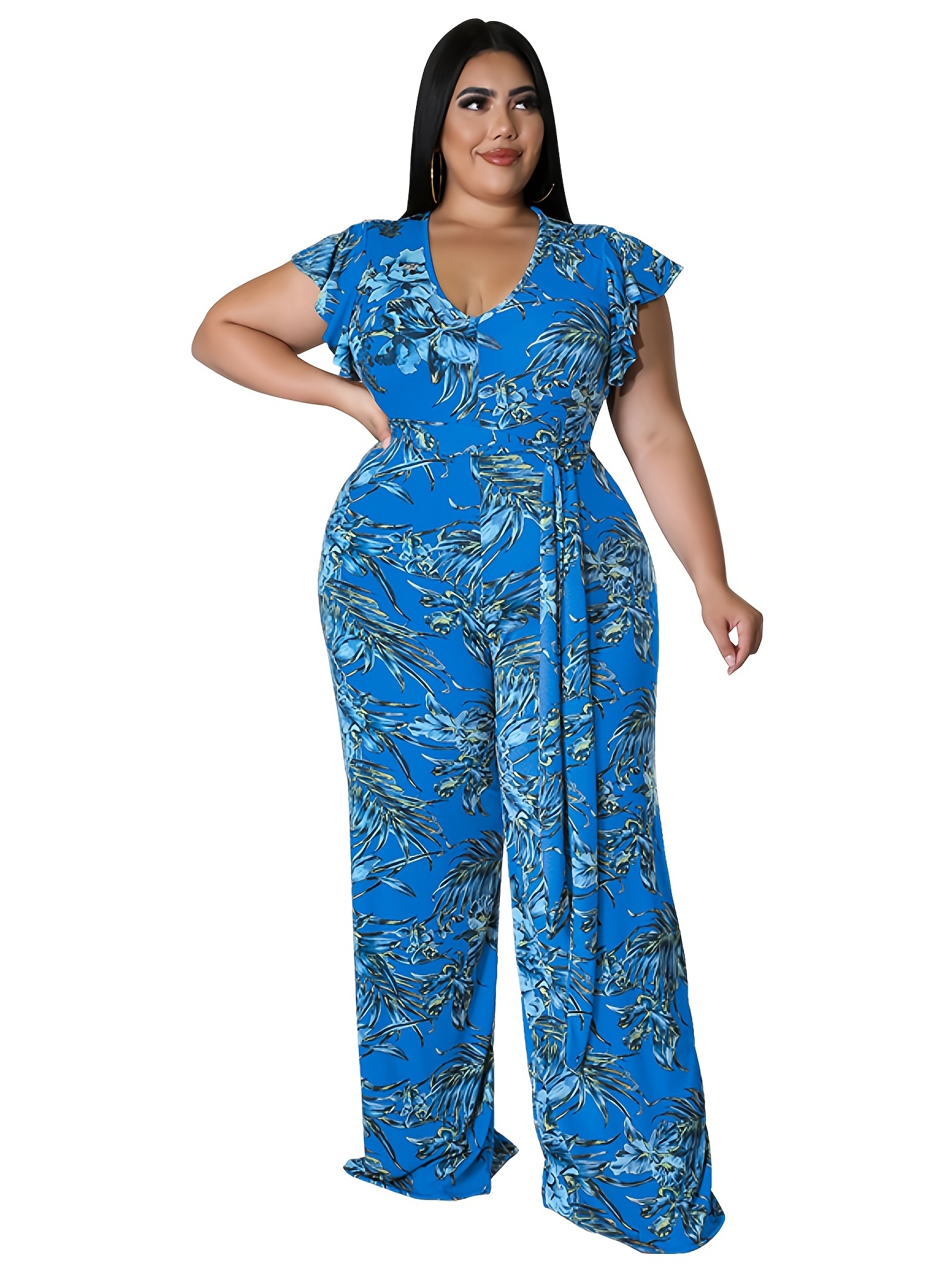 Plus size floral sales jumpsuit with sleeves