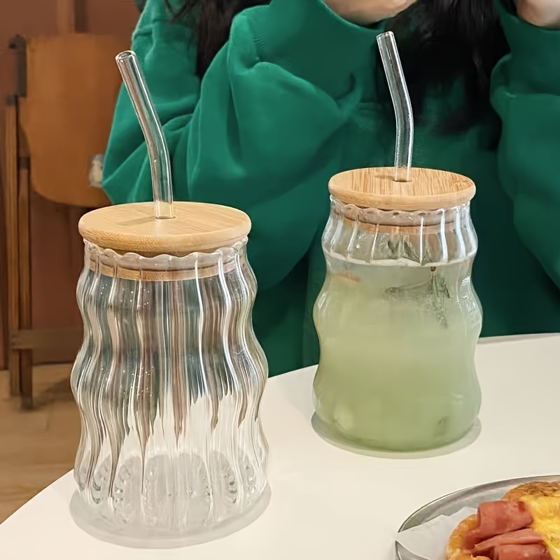 Drinking Glasses with Bamboo Lids and Glass Straw 16.9oz Waved
