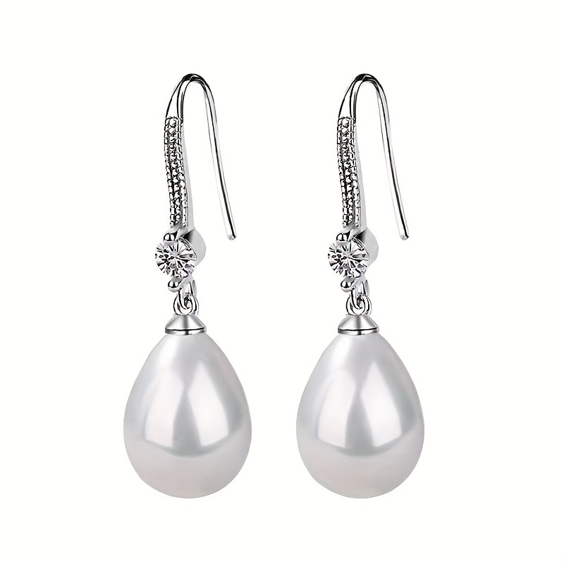 TEMU Aretes Colgantes De Perlas De Brillantes Con Circonita Incrustada, Estilo Elegante Y Simple, Joyería De Aleación, Accesorios De Uso Diario.