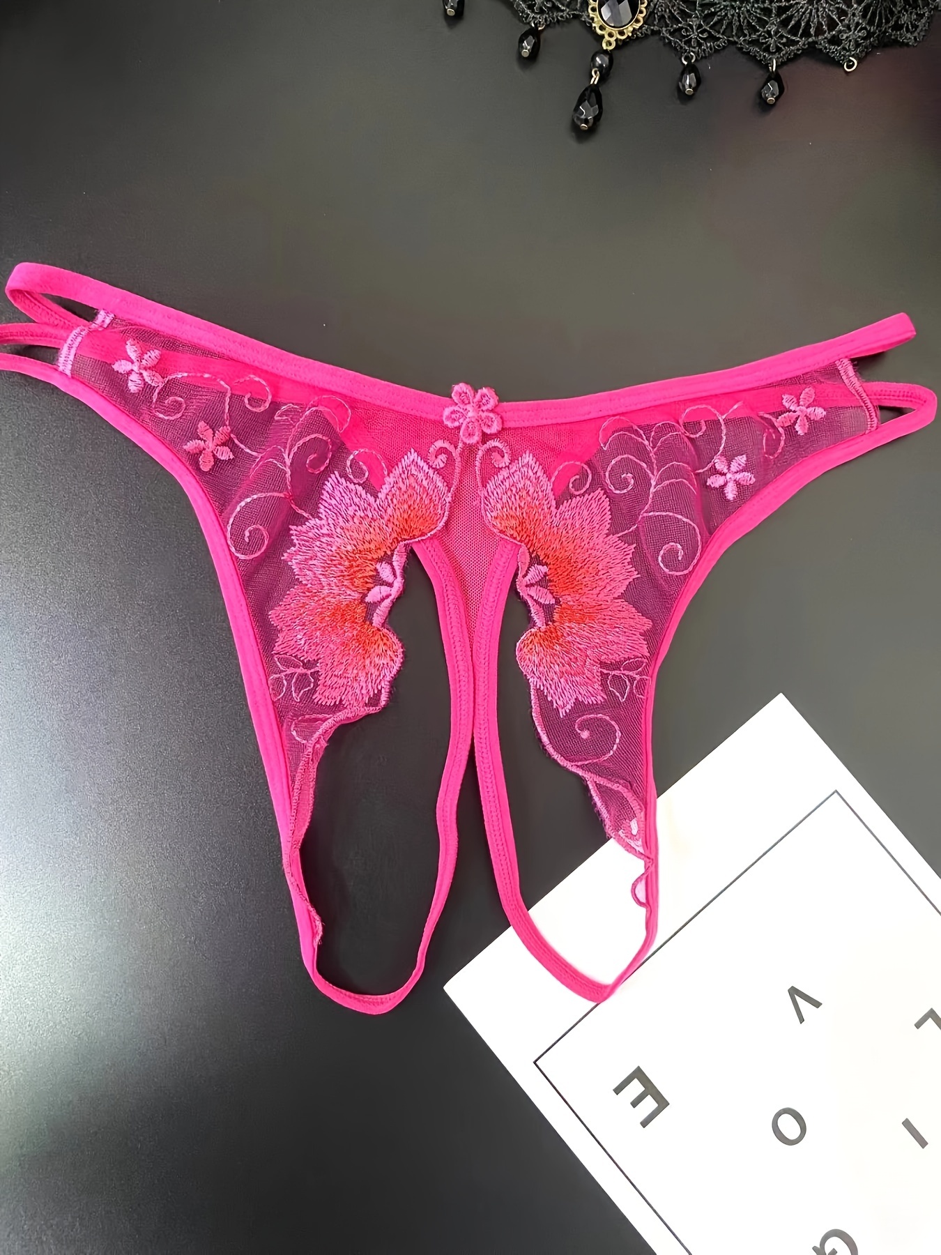 Women Low Waist Sexy Flower Embroidery Hollow Out Transparent Mesh Thong  Open Crotch Underwear Women New Years Eve Outfit (@-Purple, One Size)