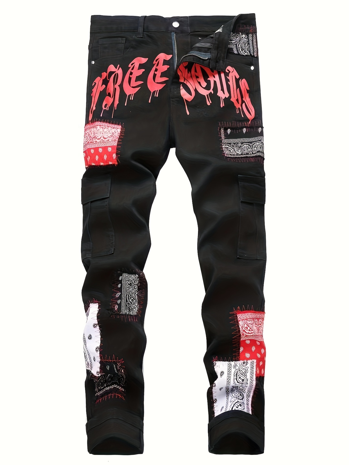 Y2k Distressed Star Pattern Jeans, Men's Halloween Casual Street Style  Loose Fit Denim Pants For The Four Seasons