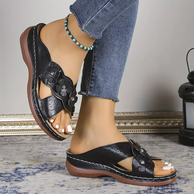 women s flower decor wedge heeled sandals casual open toe details 0